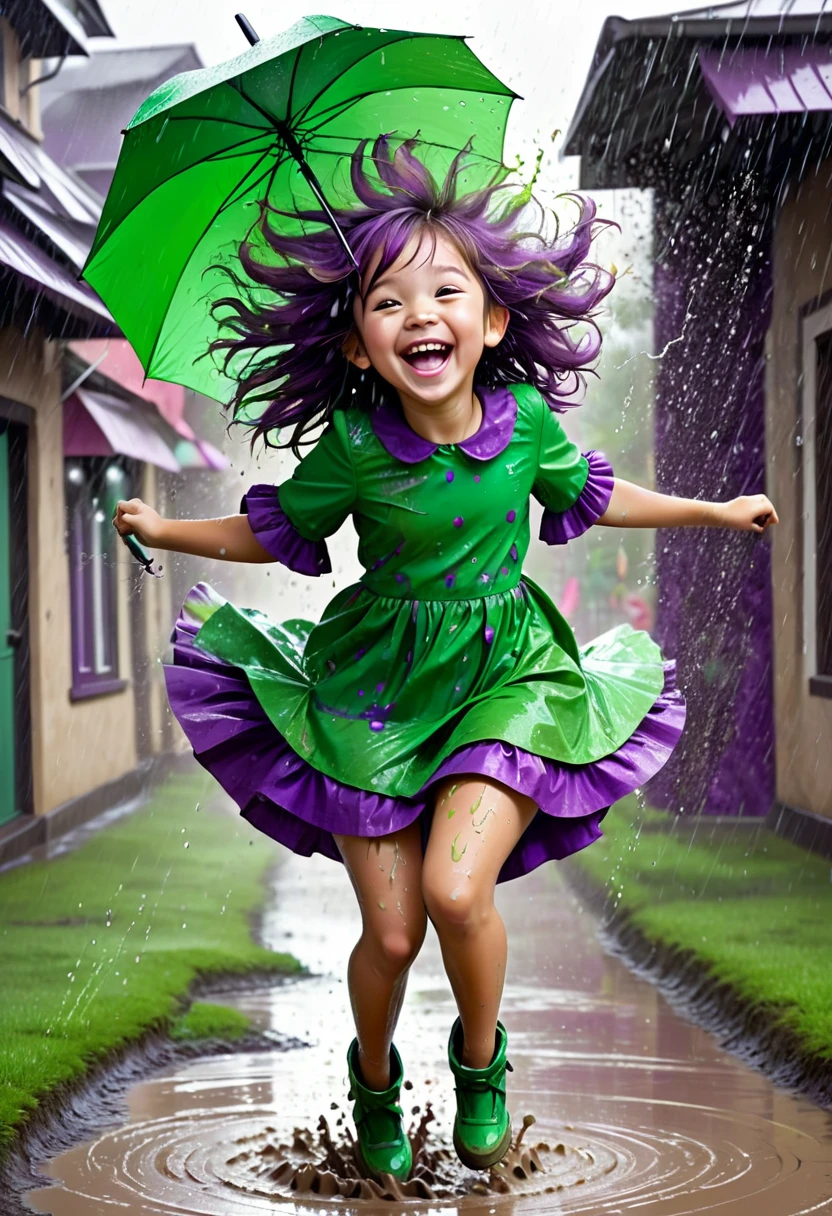 create a fractal masterpiece of a digital art creation of a cute laughing with messy hair, wearing a green and purple layered dress, jumping in a muddy puddle, with rain effects and an umbrella