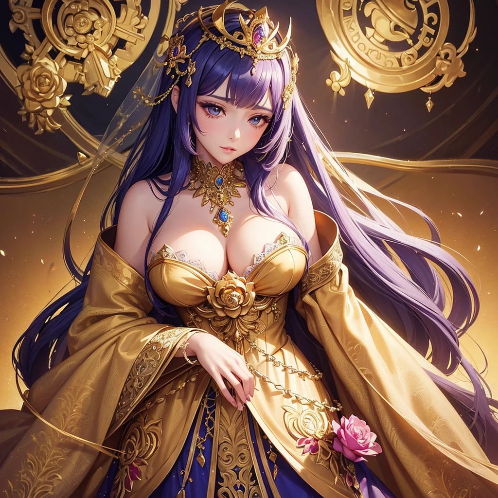 a close up of a woman in a ornate, lavish dress with flowers in her hair, trending on cg society, fantasy art, ((a beautiful fantasy empress)), a beautiful fantasy empress, anime goddess, gilded lotus princess, 8k high quality detailed art, portrait princess of zodiac girl, beautiful and elegant queen, beautiful celestial mage, very luxurious.
