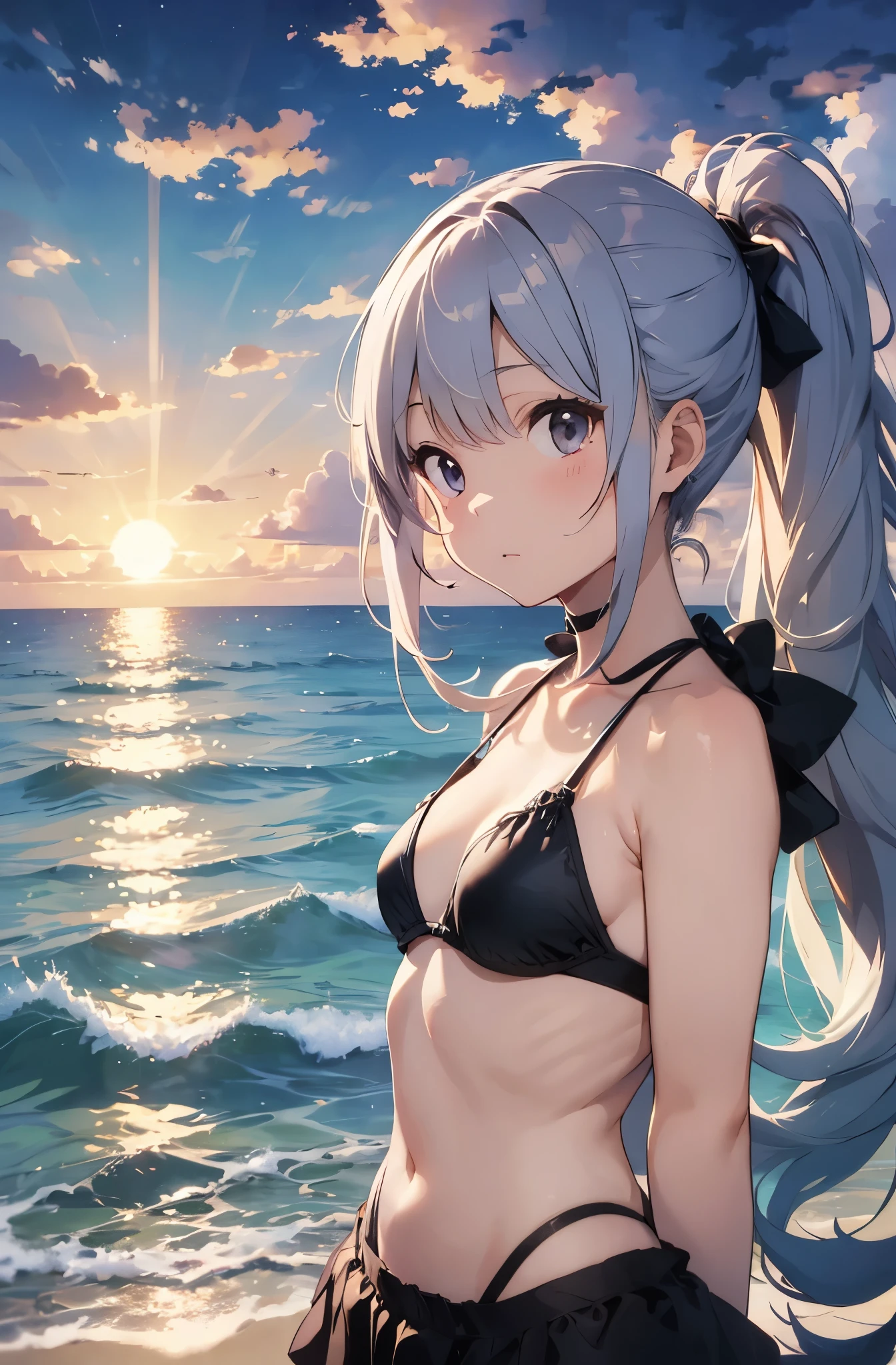 Silver-haired girl drawn in high resolution Japanese anime style、Standing alone on the white sand beach of a deserted island。She is wearing a gorgeous pink bikini.、Her hair is in a ponytail that sparkles in the light...。The sea in the background shines emerald green...、The beach is littered with shells and pebbles.、time々、Small waves gently wash up on the shore。Tropical wood々Swaying in the Wind、Mr...々Among the branches々Birds are singing..。wood々Colorful flowers blooming in abundance、The entire island is filled with abundant nature...。On the horizon of a distant sea、The setting sun casts a beautiful orange glow over the ocean.、It gives the whole place a mystical feel...。、Wakame seaweed、Wakame seaweed、Wakame seaweed、Wakame seaweed、Wakame seaweed、Wakame seaweed、