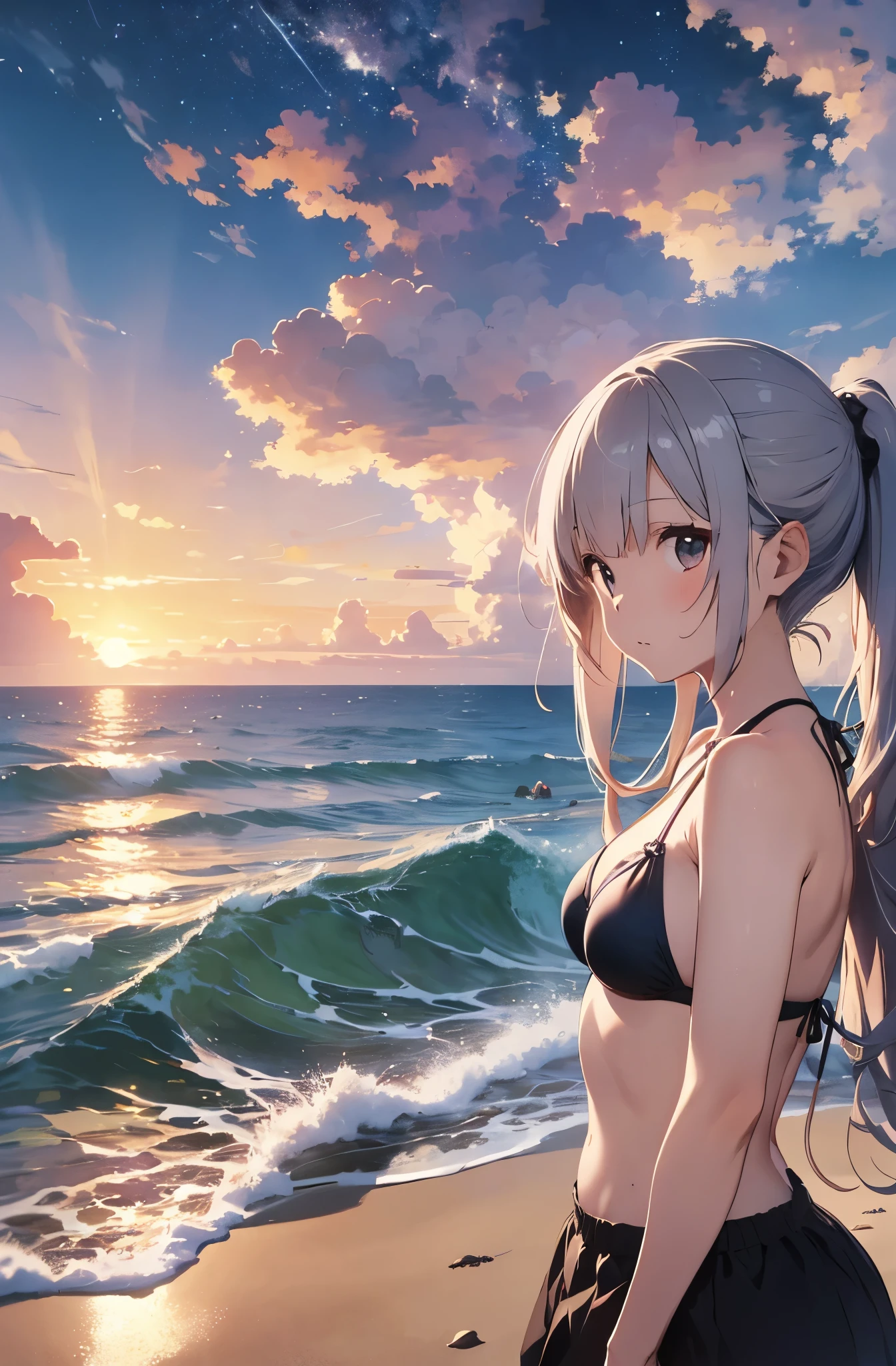 Silver-haired girl drawn in high resolution Japanese anime style、Standing alone on the white sand beach of a deserted island。She is wearing a gorgeous pink bikini.、Her hair is in a ponytail that sparkles in the light...。The sea in the background shines emerald green...、The beach is littered with shells and pebbles.、time々、Small waves gently wash up on the shore。Tropical wood々Swaying in the Wind、Mr...々Among the branches々Birds are singing..。wood々Colorful flowers blooming in abundance、The entire island is filled with abundant nature...。On the horizon of a distant sea、The setting sun casts a beautiful orange glow over the ocean.、It gives the whole place a mystical feel...。、Wakame seaweed、Wakame seaweed、Wakame seaweed、Wakame seaweed、Wakame seaweed、Wakame seaweed、