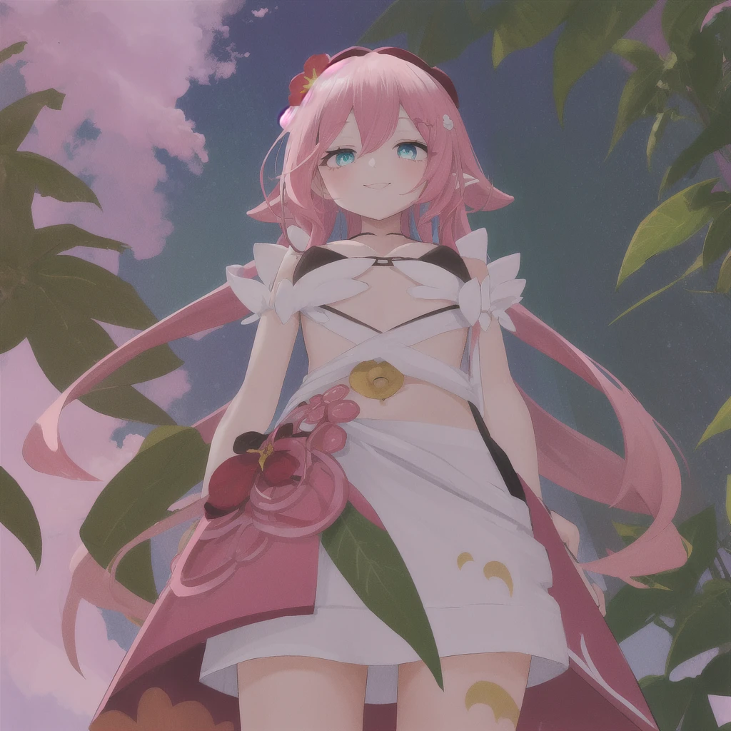 Traptrix, (best quality, masterpiece1.2), 1 girl, solo, smile, pink hair, cyan eyes, plant, white backgroud, best quality, highres,bloom effect,angle from below