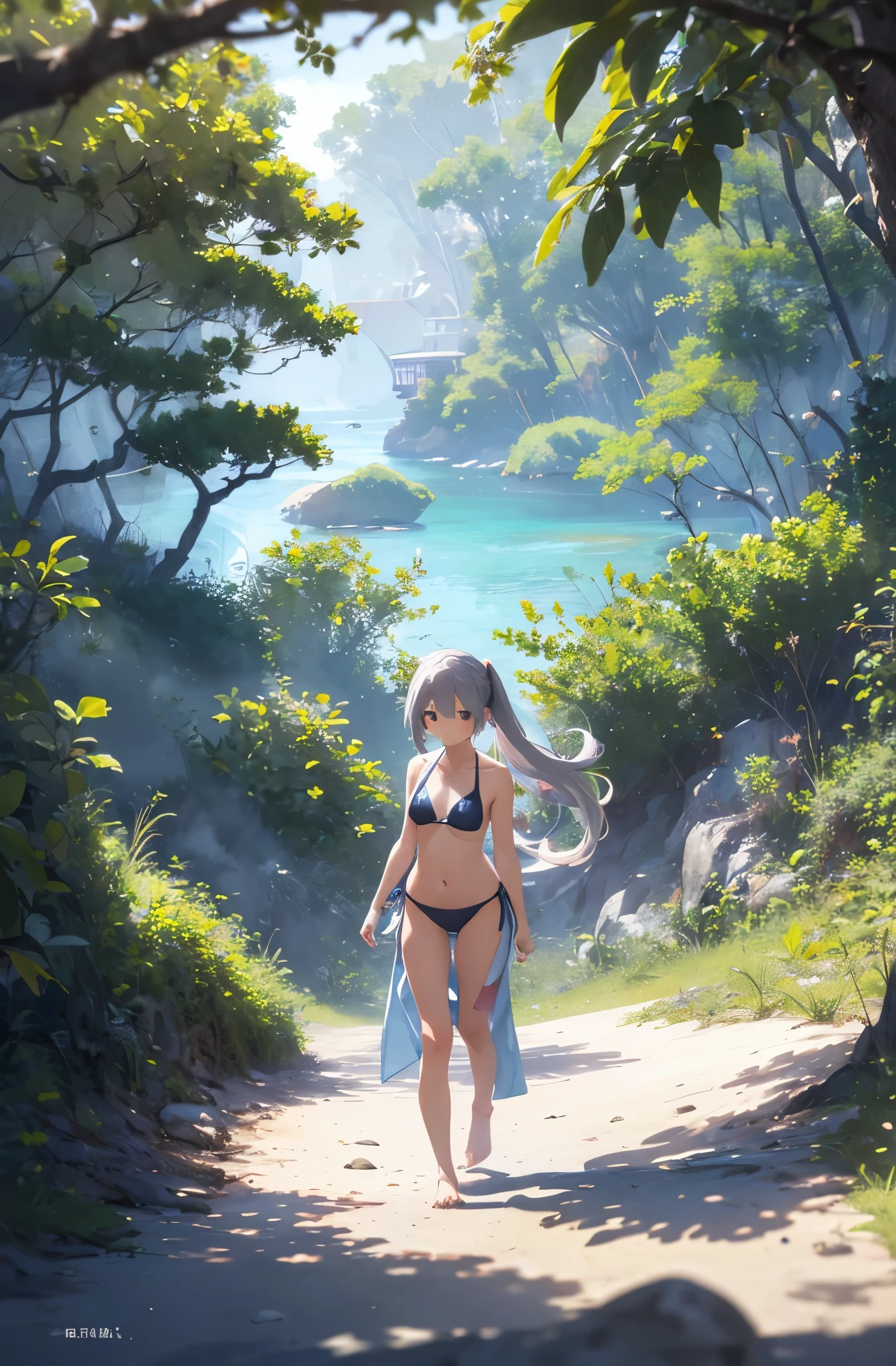 Silver-haired girl drawn in high resolution Japanese anime style、Standing alone on the white sand beach of a deserted island。She is wearing a gorgeous pink bikini.、Her hair is in a ponytail that sparkles in the light...。The sea in the background shines emerald green...、The beach is littered with shells and pebbles.、time々、Small waves gently wash up on the shore。Tropical wood々Swaying in the Wind、Mr...々Among the branches々Birds are singing..。wood々Colorful flowers blooming in abundance、The entire island is filled with abundant nature...。On the horizon of a distant sea、The setting sun casts a beautiful orange glow over the ocean.、It gives the whole place a mystical feel...。、Wakame seaweed、Wakame seaweed、Wakame seaweed、Wakame seaweed、Wakame seaweed、Wakame seaweed、