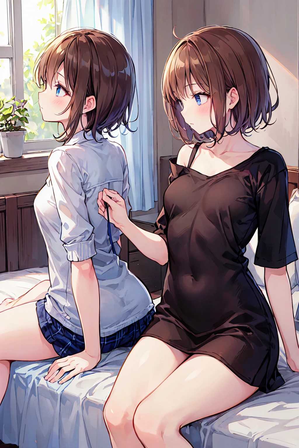 How to sit a girl,Written boundary depth, Delicate eyes, Full Hand, 余分な手feetなし,arm2Book,feet2Book,Distinctive nose bridge,Fine skin、Smooth、Perfect beauty、Small breasts、thin,((Natural style)),Brown Hair、Book当に美しい、Beautiful profile,Perfect Style,Ahegao,((Boyish clothes)),Shortcuts,Western-style room,On the bed,Lighting is dim,1Put your wrist on someone's2Book,1人にfeet首2Book,My face turned red,Don'Do not fold your hands,feetは組まない,((Kiss between girls)),((Embrace and kiss deeply))、((Kiss the Eyes)),((Girly clothes)),((Natural posture)),((正しい手feetの数))