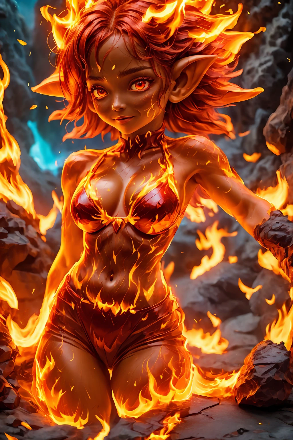 solo, 1girl, ((best quality)), ((masterpiece)), (detailed), 4k, very small goblin girl, bright red skin, pointy ears, fire hair, pleased expression, bright red eyes, wearing bikini made of volcanic rock, volcanic cave background, on fire