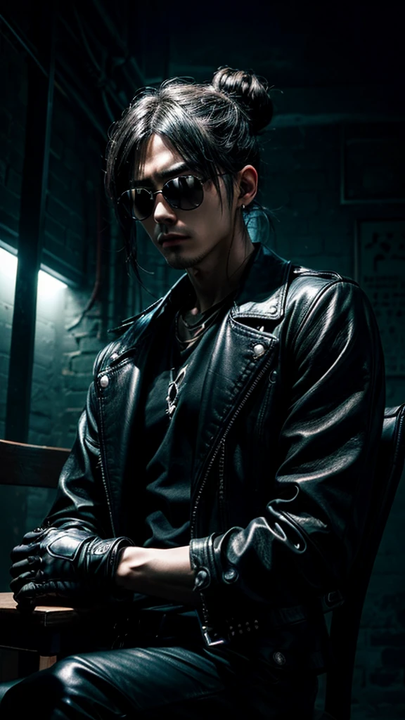 a stylish korean man with long hair tied in bun, wearing black round sunglasses, black leather gloves, dark clothing, sitting on a chair in a dark environment, dynamic point of view, best quality, ultra-detailed, photorealistic, vivid colors, dramatic lighting, chiaroscuro, dark and moody atmosphere, masculine, charismatic, punk style