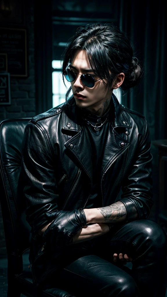 a stylish korean man with long hair tied in bun, wearing black round sunglasses, black leather gloves, dark clothing, sitting on a chair in a dark environment, dynamic point of view, best quality, ultra-detailed, photorealistic, vivid colors, dramatic lighting, chiaroscuro, dark and moody atmosphere, masculine, charismatic, punk style