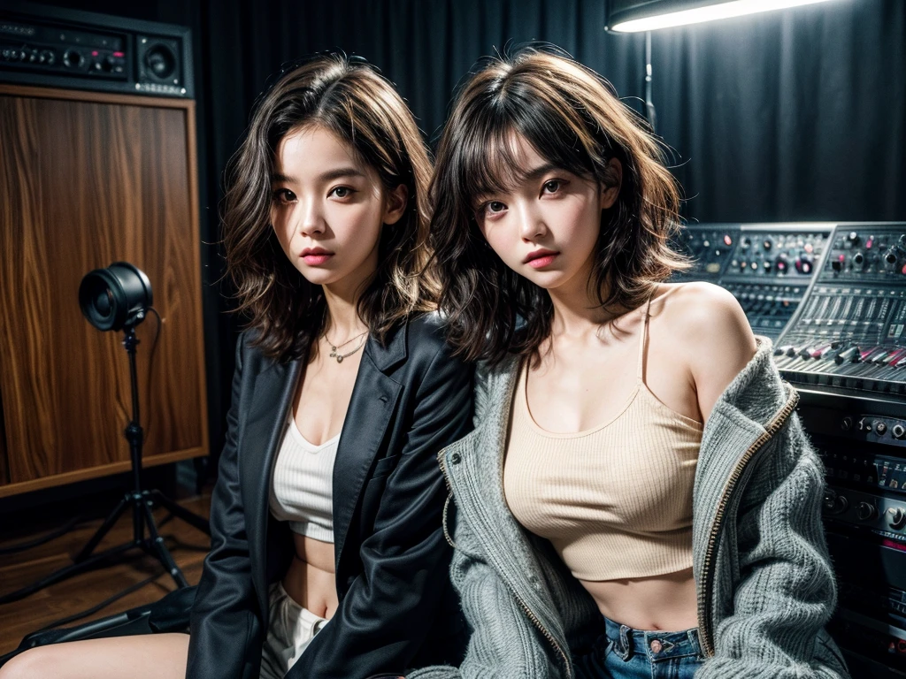 2 girl, best quality, ultra high res, (photorealistic:1.4), masterpiece, music studio background,1girl,detailed eyes,wavy bob hair,trendy expression, blazer, crop top,(style:1.5),sitting,On live room, detailed music studio, selfie photo