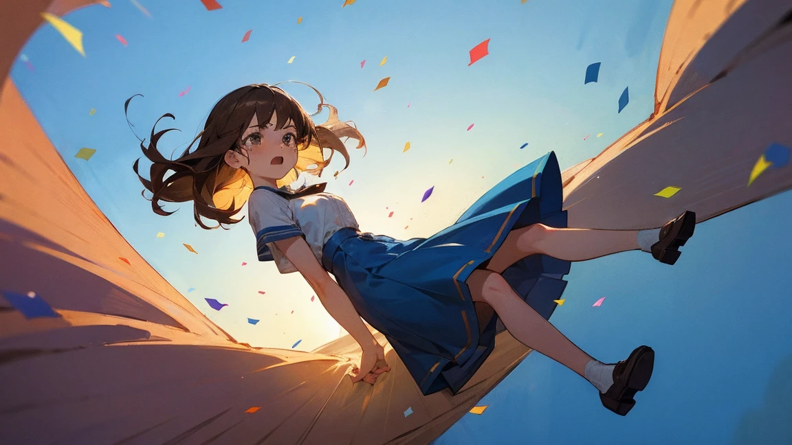 ((Highest quality)), ((masterpiece)), ((Very detailed)),Floating Girl,Angry expression,Confetti,Brown Hair,tears,Blue sky background,Feet in the air,tears,Long skirt,loafers,Raise both hands,falling girl,beautiful fingers,beautiful hands,fingertip,nail,arms behind back