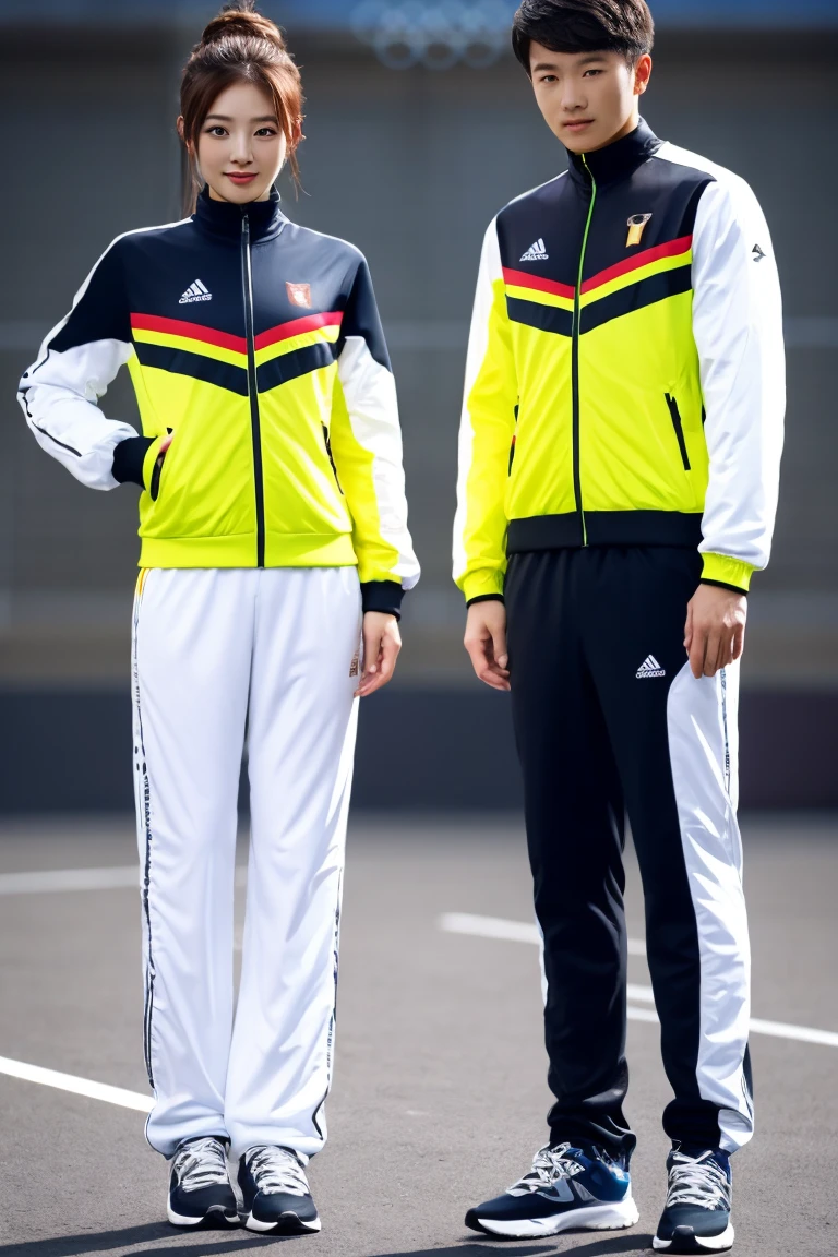 Chinese girl and man, Olympic wear set, smart yellow and black Olympic wear , super cool designs