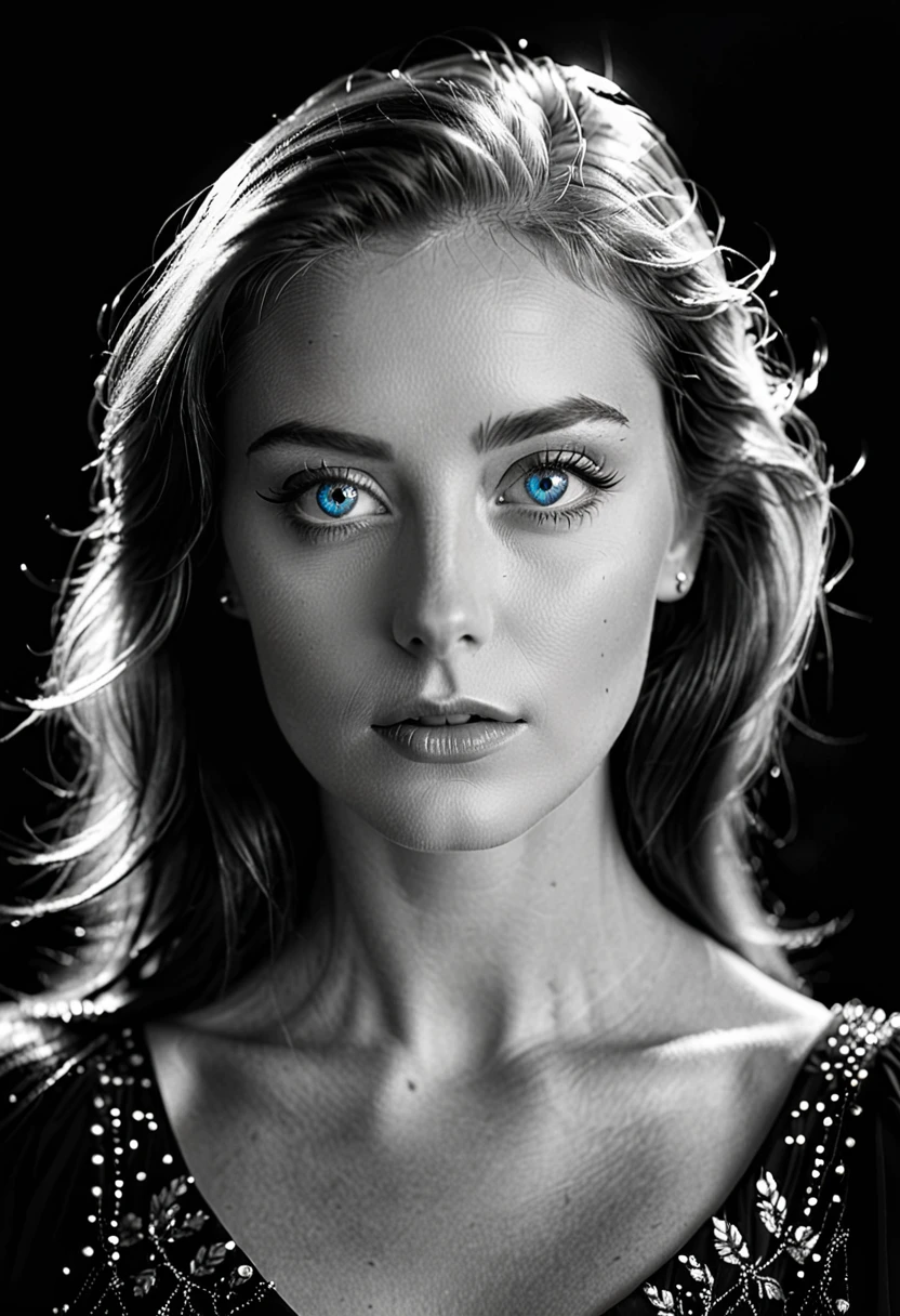 black and white, a woman with blue eyes, half body shot, whimsical photography style, captured with an Arriflex 35BL camera using Canon K25 prime lenses, cinematic, dramatic lighting, ultra clear, breathtaking surreal masterpiece.