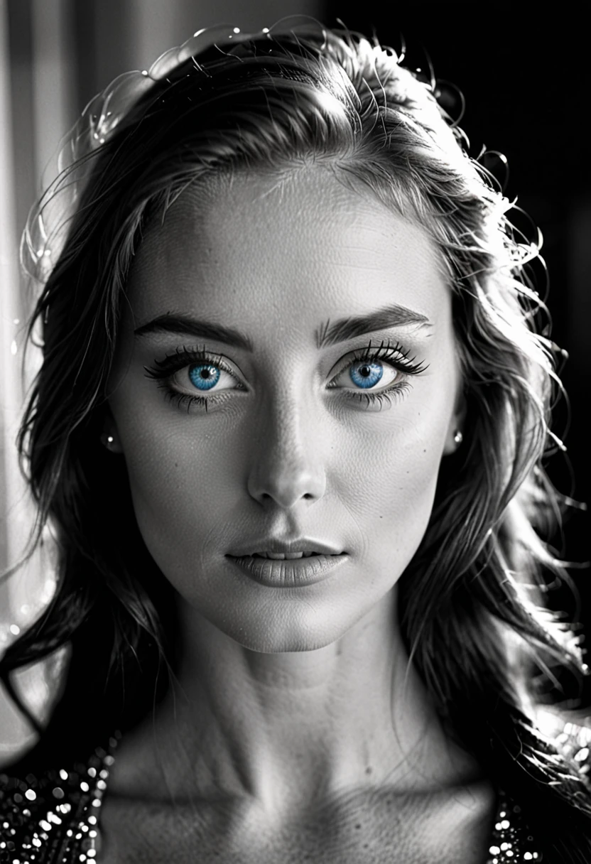 black and white, a woman with blue eyes, half body shot, whimsical photography style, captured with an Arriflex 35BL camera using Canon K25 prime lenses, cinematic, dramatic lighting, ultra clear, breathtaking surreal masterpiece.