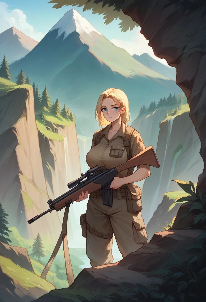 A 25-year-old Western girl, beautiful, blonde hair, blue eyes, large breasts, wearing an old, dirty hiking outfit, standing at the edge of a cliff holding an M-16 rifle.,mountain,rainforest