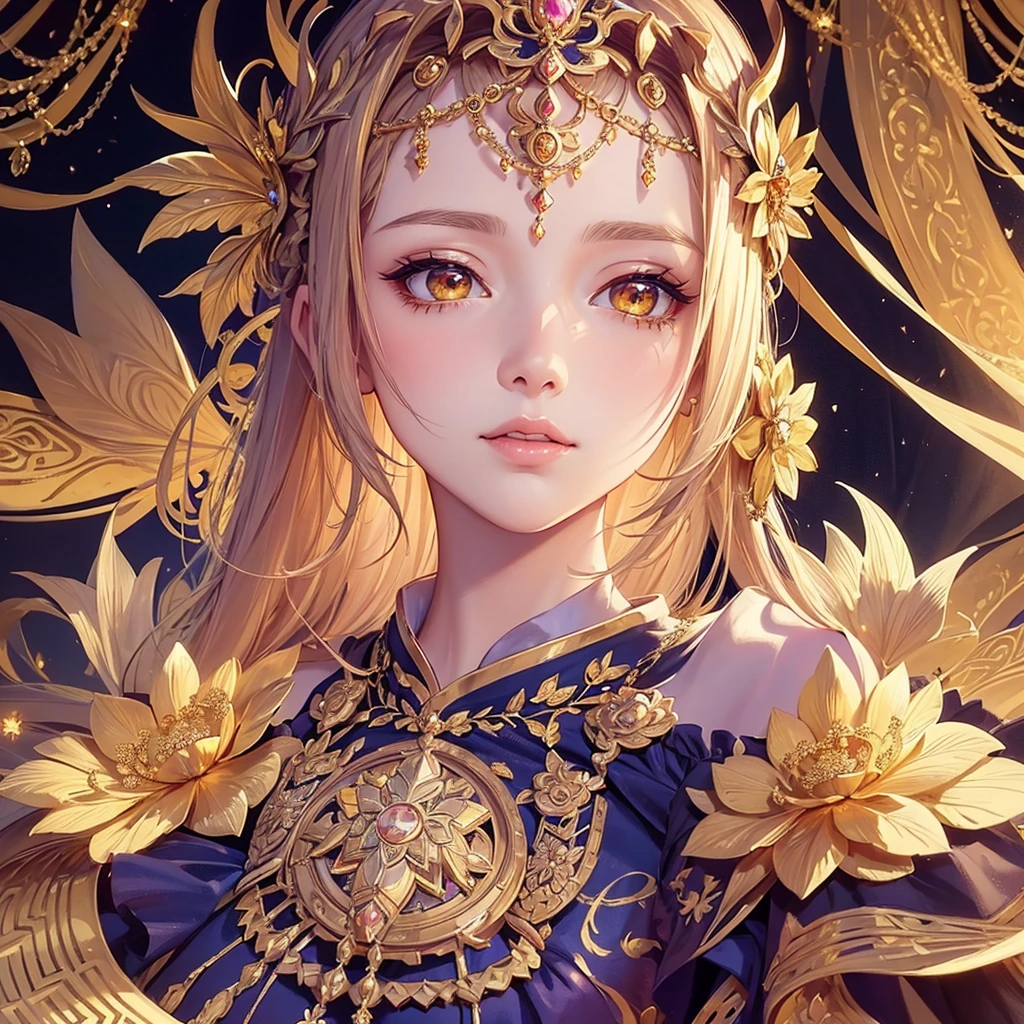 a close up of a woman in a ornate, lavish dress with flowers in her hair, trending on cg society, fantasy art, ((a beautiful fantasy empress)), a beautiful fantasy empress, anime goddess, gilded lotus princess, 8k high quality detailed art, portrait princess of zodiac girl, beautiful and elegant queen, beautiful celestial mage, very luxurious.