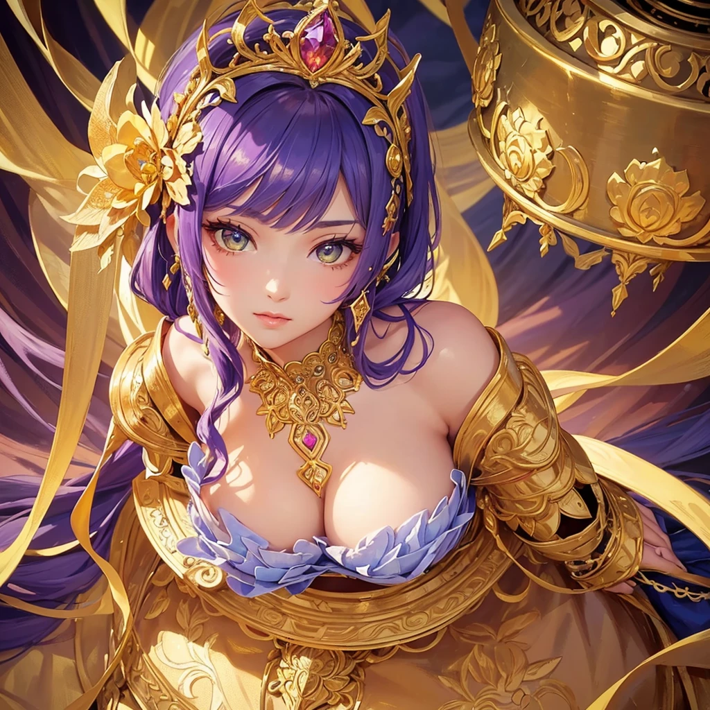 a close up of a woman in a ornate, lavish dress with flowers in her hair, trending on cg society, fantasy art, ((a beautiful fantasy empress)), a beautiful fantasy empress, anime goddess, gilded lotus princess, 8k high quality detailed art, portrait princess of zodiac girl, beautiful and elegant queen, beautiful celestial mage, very luxurious.