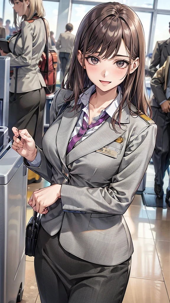 Fullbody, skirtlift, open legs,A female airport staff member standing at an information desk in a modern airport terminal. She is dressed in a professional uniform, with a friendly and welcoming expression. The background includes signs in multiple languages, people walking by with luggage, and an overall busy airport atmosphere. The lighting is bright and natural, giving a clean and efficient look to the scene