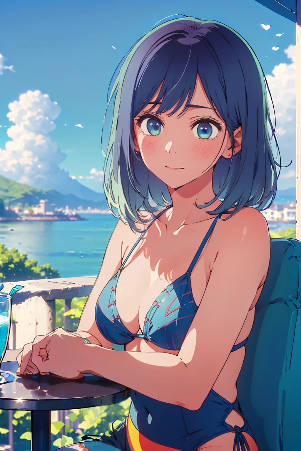 (Highest quality:1.4、masterpiece:1.4、Super detailed:1.4、8K:1.4)、F cup bust、Big Breasts、Slim body、((((1 person、Surprised expression、sit、Chair、In the background are the urban buildings of Tokyo、looking at the camera、Outdoor café terrace、coastal、Navy hair color、juice、Shooting up close、table、Very cute face))))、(Pose of putting hair behind ears with hands:1.4、Cheek resting on hand:1.4）、((nude、Areola、bikini))、Seamless see-through top、Very blue sky、A completely cloudless sky、Big eyes、((((Shallow depth of field))))