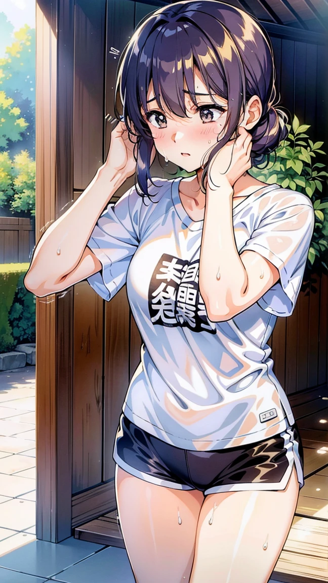 「highest quality、masterpiece、An illustration、very delicate and beautiful、very detailed、cg、8k wallpaper、wonderful、small details、masterpiece、最高の究極の芸術very detailed cg Unity 8k wallpaper」、japanese girl、(((huge breasts 1:1)))、(((Super Big 1:1)))、(((Pee)))、(((that'stuck out)))、(((transparent nipples)))、(((huge nipples)))、(((white gym uniform)))、(((white and blue volleyball uniform))、(((black hair)))、(((short hair)))、(((No sleeve)))