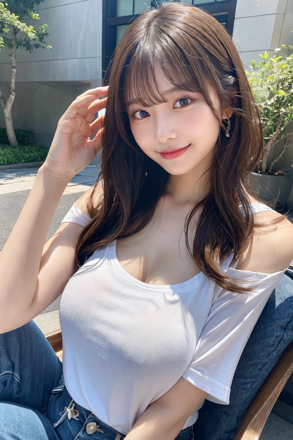 20-year-old girl,Japanese,Huge breasts, 1 girl per photo, Full Body Shot, View from the front, Japanese, cute girl, Luxurious appearance, Very cute face, The best smile,Glossy Lips, Sweaty body, Double eyelids on both eyes, Natural Makeup, Shiny and smooth light brown long hair, Asymmetrical bangs, Sunburned skin, Center image, 8K resolution, High detail, Detailed hairstyle, Detailed face, Great cinema lighting, Octane Rendering, Vibrant, Surreal, Perfect limbs, Perfect Anatomy、jeans、T-Shirts