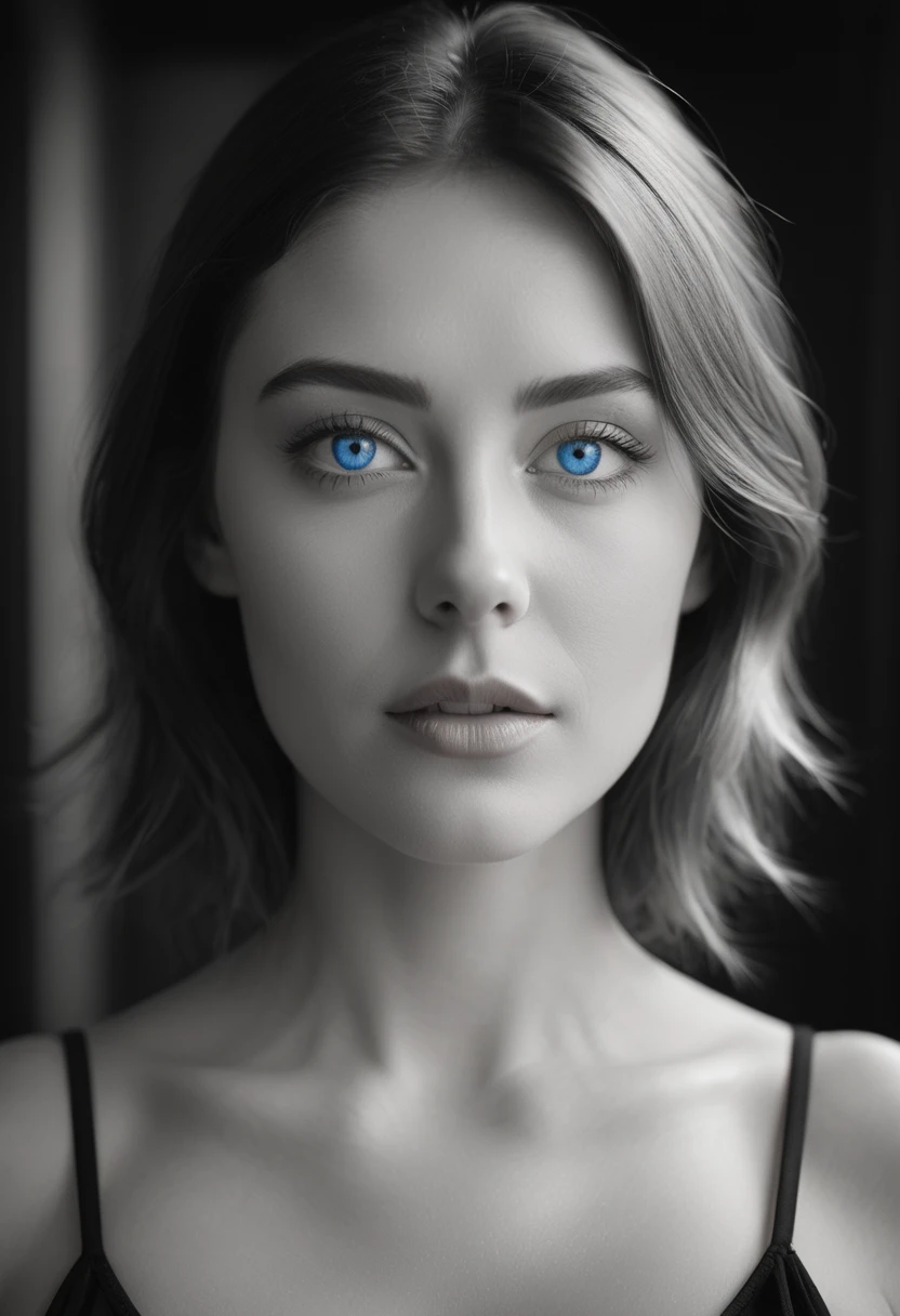black and white, a woman with  blue eyes, half body shot, whimsical photography style, captured with an Arriflex 35BL camera using Canon K25 prime lenses, cinematic, dramatic lighting, ultra clear, breathtaking surreal masterpiece.