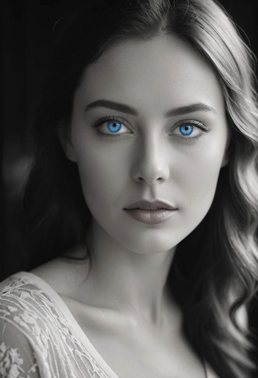 black and white, a woman with blue eyes, half body shot, whimsical photography style, captured with an Arriflex 35BL camera using Canon K25 prime lenses, cinematic, dramatic lighting, ultra clear, breathtaking surreal masterpiece.
