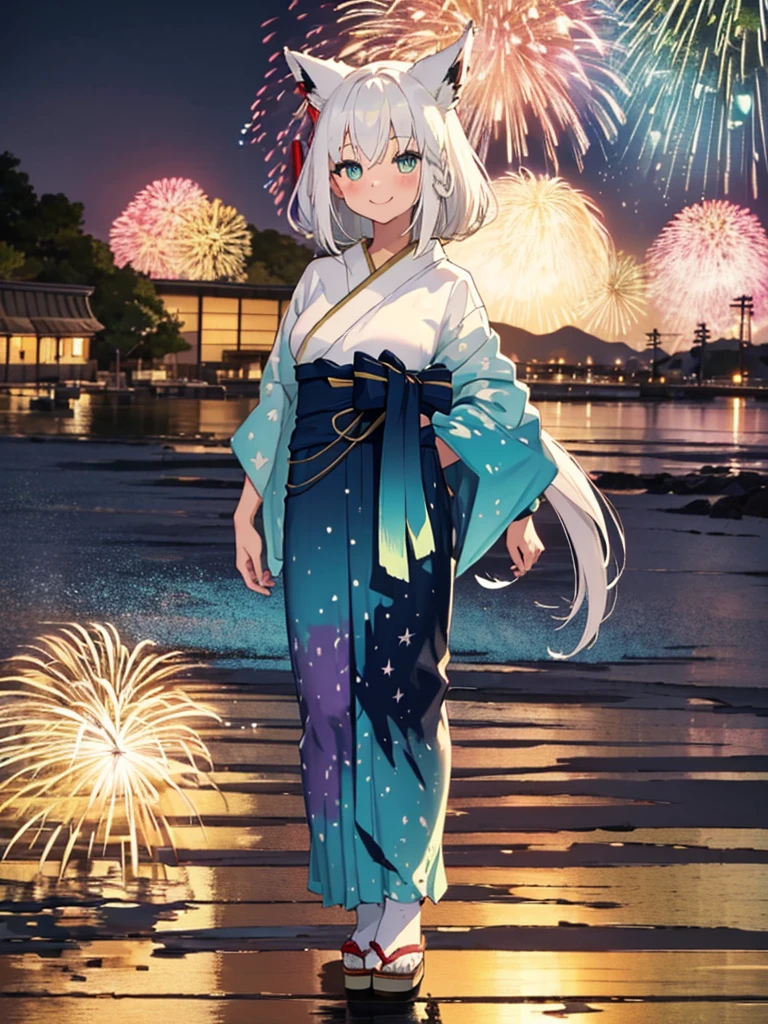 (masterpiece, Highest quality, Super detailed),One girl,((super fine illustration)),((cute eyes,highly detailed skin)),((smile)),((well endowed,Blessed,Captivating body、Detailed Background))、(yukata:1.5),firework,(大量のfirework,Night view,Ocean)、Festivals, full body、Animal ears、white long hair,
