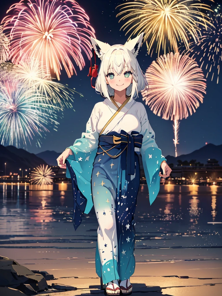 (masterpiece, Highest quality, Super detailed),One girl,((super fine illustration)),((cute eyes,highly detailed skin)),((smile)),((well endowed,Blessed,Captivating body、Detailed Background))、(yukata:1.5),firework,(大量のfirework,Night view,Ocean)、Festivals, full body、Animal ears、white long hair,