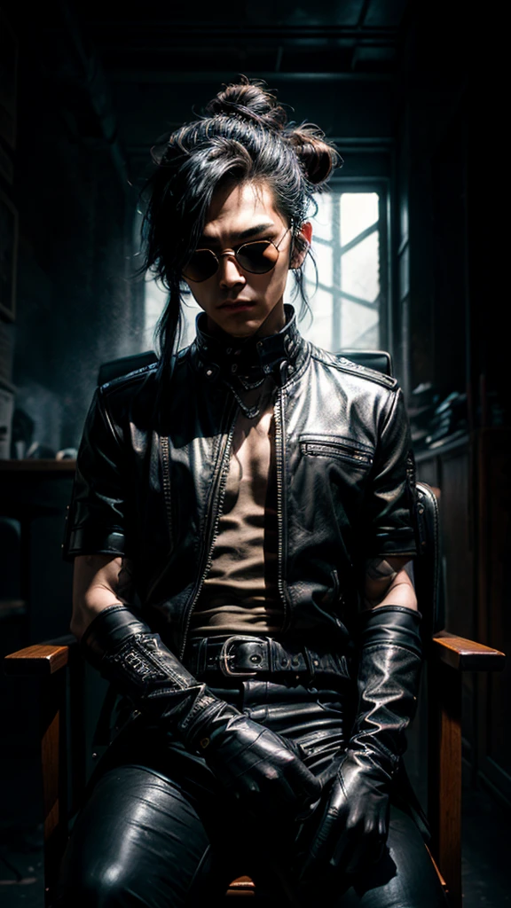 a stylish korean man with long hair tied in bun, wearing black round sunglasses, black leather gloves, dark clothing, sitting on a chair in a dark environment, dynamic point of view, best quality, ultra-detailed, photorealistic, vivid colors, dramatic lighting, chiaroscuro, dark and moody atmosphere, masculine, charismatic, punk style
