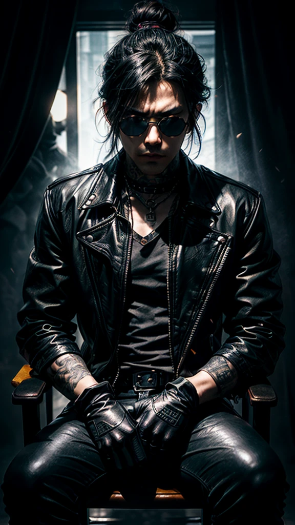 a stylish korean man with long hair tied in bun, wearing black round sunglasses, black leather gloves, dark clothing, sitting on a chair in a dark environment, dynamic point of view, best quality, ultra-detailed, photorealistic, vivid colors, dramatic lighting, chiaroscuro, dark and moody atmosphere, masculine, charismatic, punk style