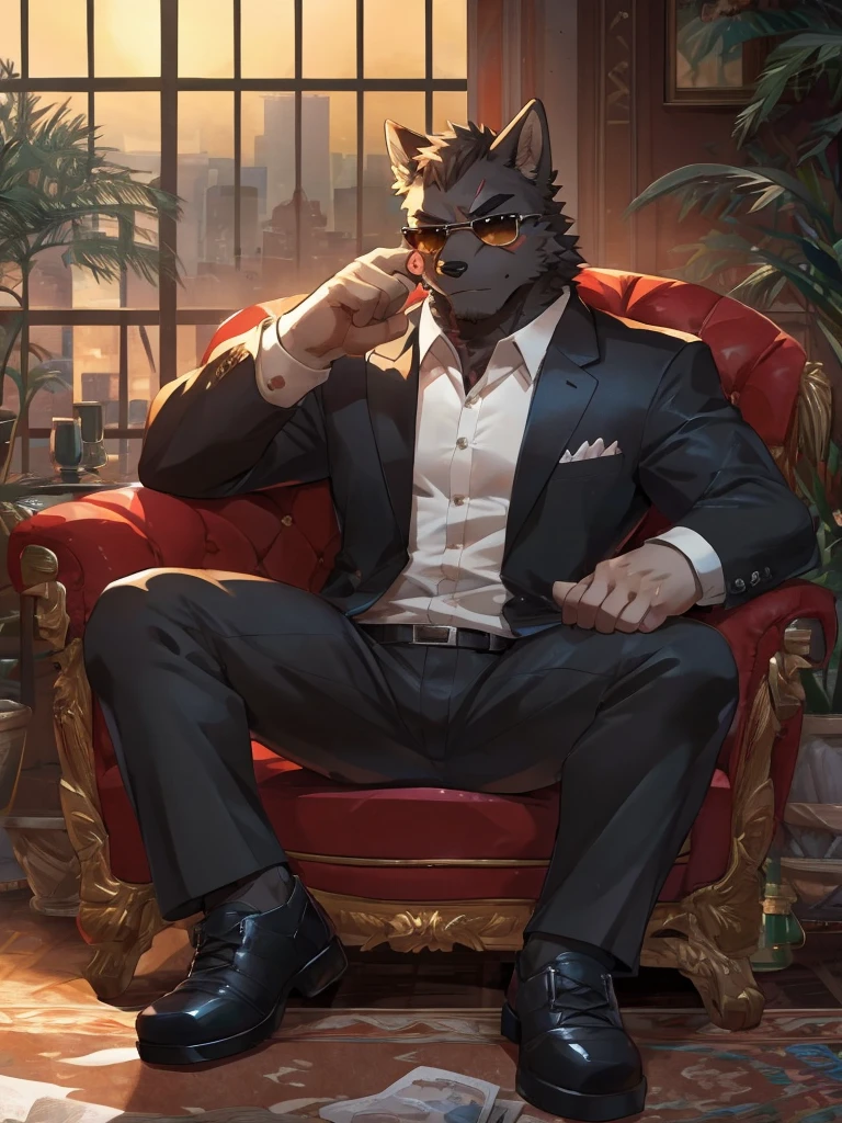 embedding:Black wolf，male, Scar on the face, Single Person,black fur,Black tattoo on his arm.Eyebrow studs,Broken eyebrow,black Sunglasses,Mob boss,Gangsters,Black suit,Leather shoes,A dark scene,Black tone,Dark style,In a luxury building,Behind it is a large glass.Sitting in the villa,Overbearing,A sense of oppression,Best quality hands, best quality eye，detailed fur，Delicate eyes.Extreme picture quality，by sollyz,by zixiong,by milkytiger1145