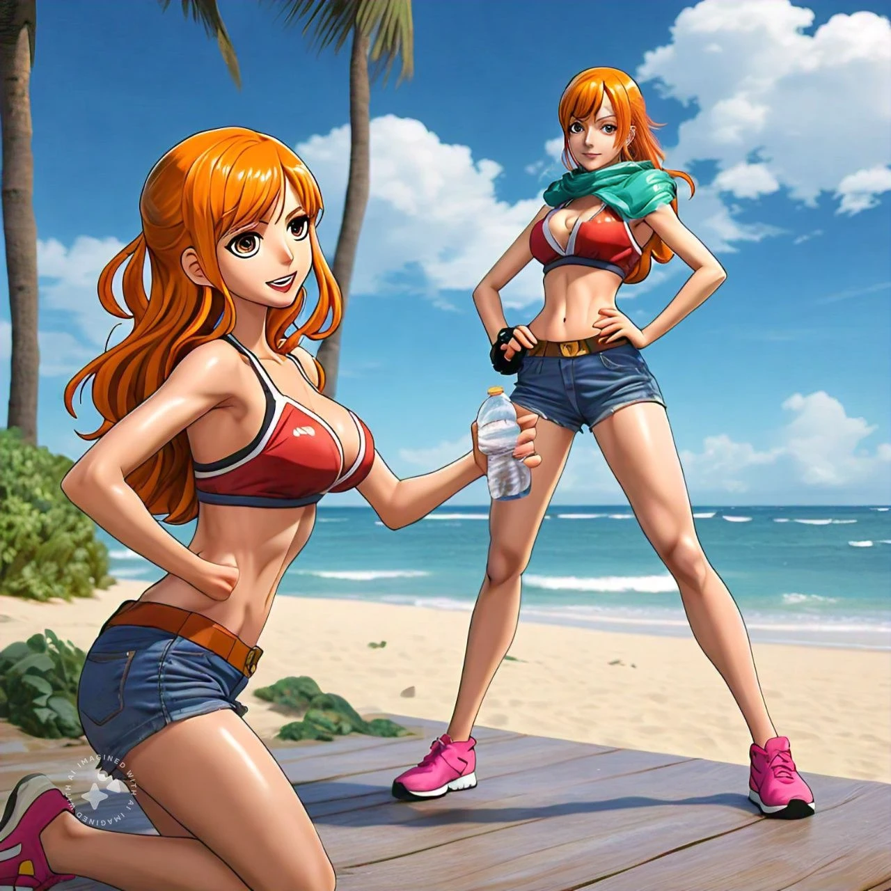 a beautiful detailed portrait of Nami from One Piece, extremely detailed eyes and face, longeyelashes, beautiful detailed lips, flawless skin, mid-length orange hair, happy expression, looking at camera, colorful anime-style background, vibrant colors, dynamic lighting, digital art, concept art, highly detailed, 4k, photorealistic, masterpiece