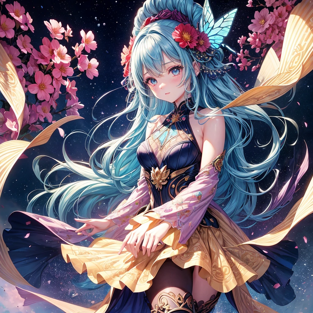 Her hair is a flower, Perfect detail, Intricate details, whole body, Girls Front, Close-up focus, , 1 Girl, Young girl, Short, wavy, fine hair, Air Van, Light blue hair, beautiful detail hair, Cute anime face, Happy, beautiful butterfly details,Adorable big eyes, Perfect hands, Small breasts, zettai ryouiki, Her hair is becoming a flower, Beautiful and exquisite flowers, Beautifully detailed dress, Knee Boots, Twilight Sky, nebula, super high quality, wallpaper 8k CG, Highest quality,