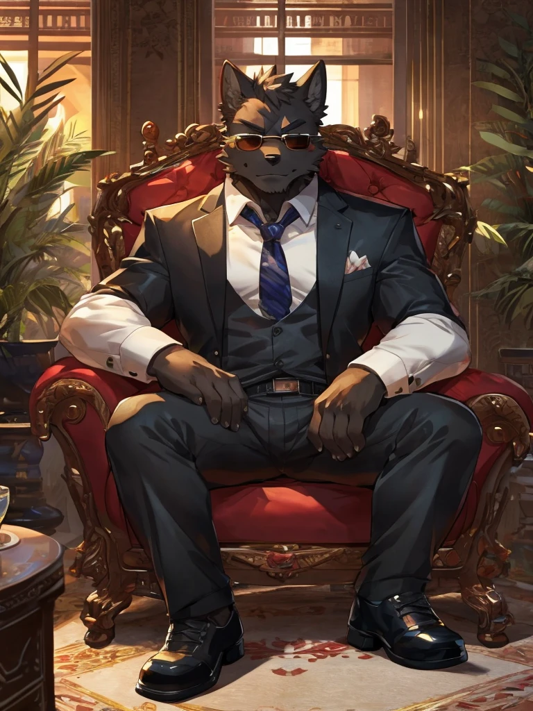 embedding:Black wolf,male, Scar on the face, Single Person,black fur,Black tattoo on his arm.Eyebrow studs,Broken eyebrow,black Sunglasses,Mob boss,Gangsters,Black suit,Leather shoes,A dark scene,Black tone,Dark style,In a luxury building,Behind it is a large glass.Sitting in the villa,Overbearing,A sense of oppression,Best quality hands, best quality eye,detailed fur,Delicate eyes.Extreme picture quality,by sollyz,by zixiong,by milkytiger1145
