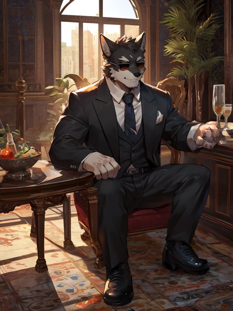 embedding:Black wolf,male, Scar on the face, Single Person,black fur,Black tattoo on his arm.Eyebrow studs,Broken eyebrow,black Sunglasses,Mob boss,Gangsters,Black suit,Leather shoes,A dark scene,Black tone,Dark style,In a luxury building,Behind it is a large glass.Sitting in the villa,Overbearing,A sense of oppression,Best quality hands, best quality eye,detailed fur,Delicate eyes.Extreme picture quality,by sollyz,by zixiong,by milkytiger1145