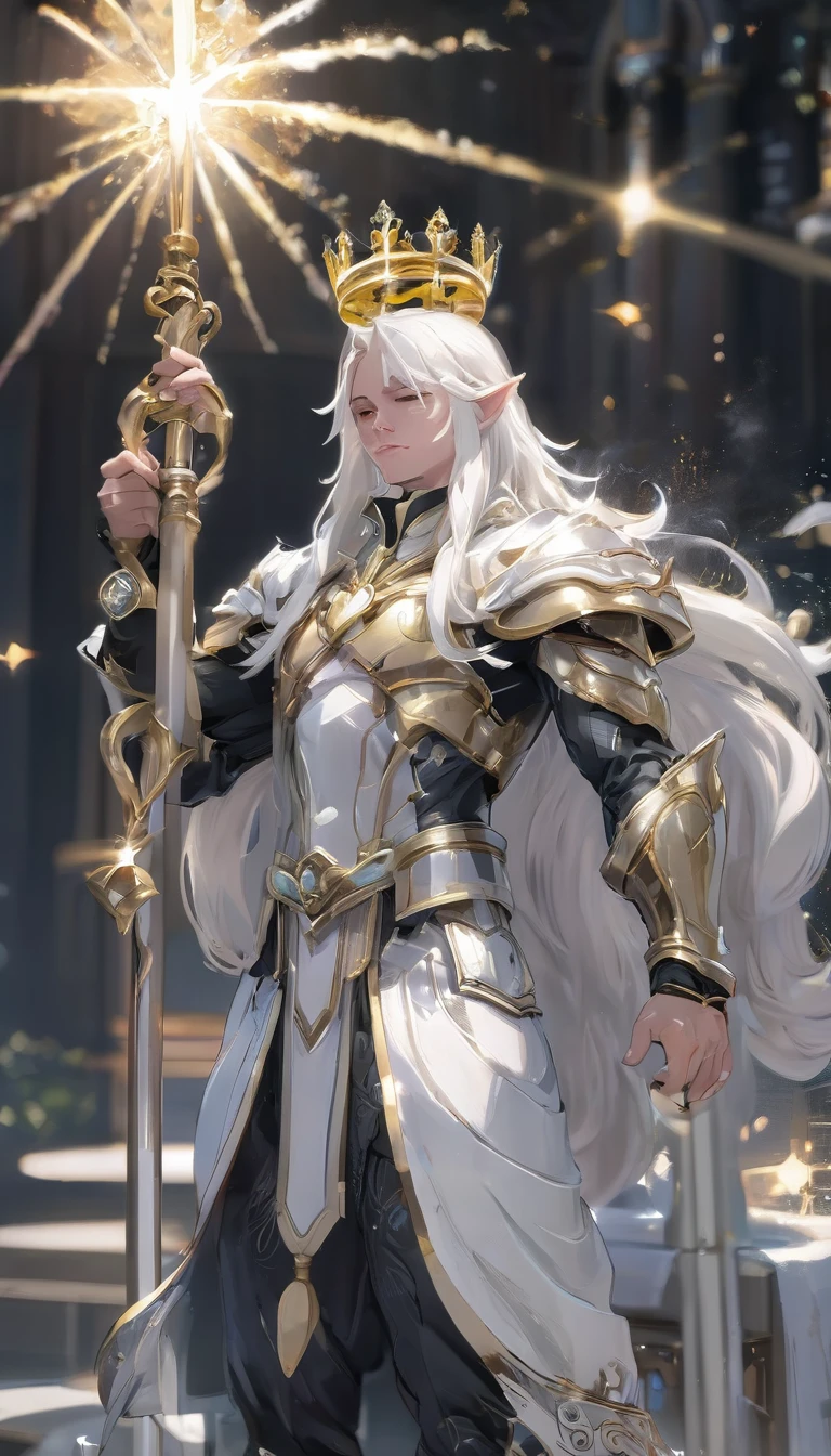 Man with gold crown and magic staff in his hand// white long hair // Sit in altar // full body // Wear armor with combination white and gold  // background is some flying light