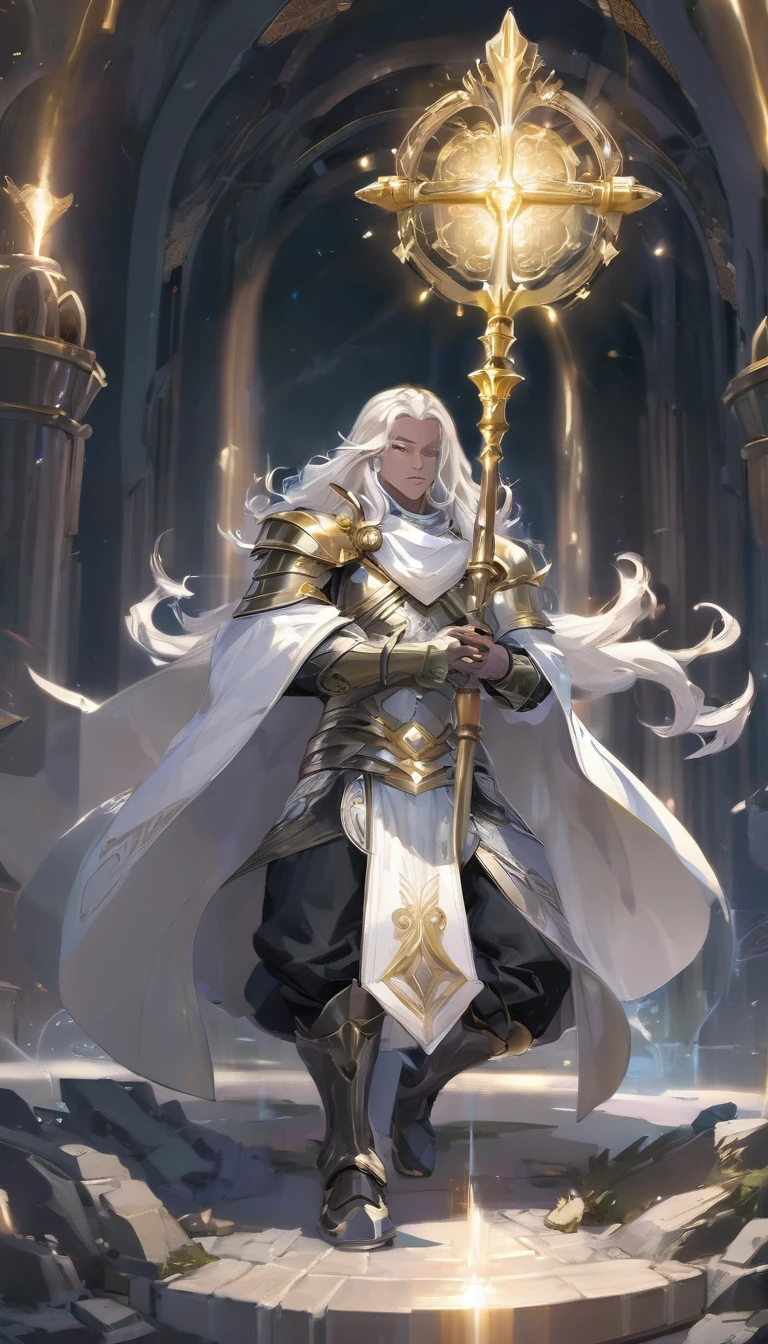 Man with gold crown and magic staff in his hand// white long hair // Sit in altar // full body // Wear armor with combination white and gold  // background is some flying light