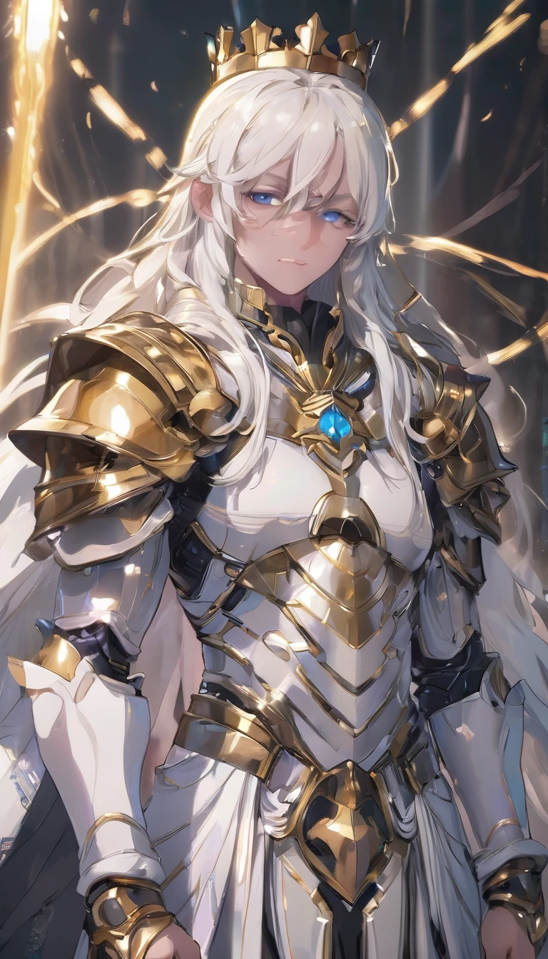 Man with gold crown and magic staff in his hand// white long hair // Sit in altar // full body // Wear armor with combination white and gold  // background is some flying light