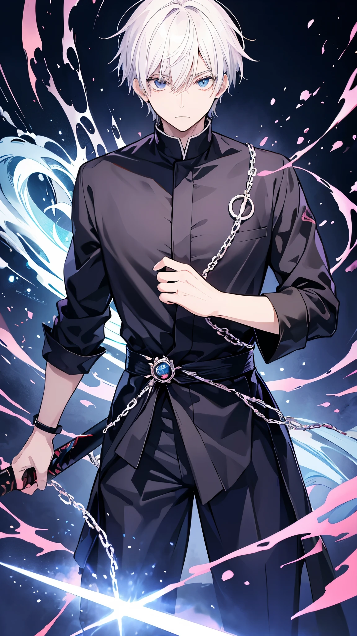 create a black Jujutsu no kaisen manga style image with a young male character extremely similar to Gaku from the Sakamoto Days manga, ele tem cabelo curto fe cor ciano claro e um capuz azul escuro quase preto, e olhos pretos, He wears red earrings and he is holding a heavy sword, he is extremely handsome and stylish, a imagem detalha bem ele, he is anime style.