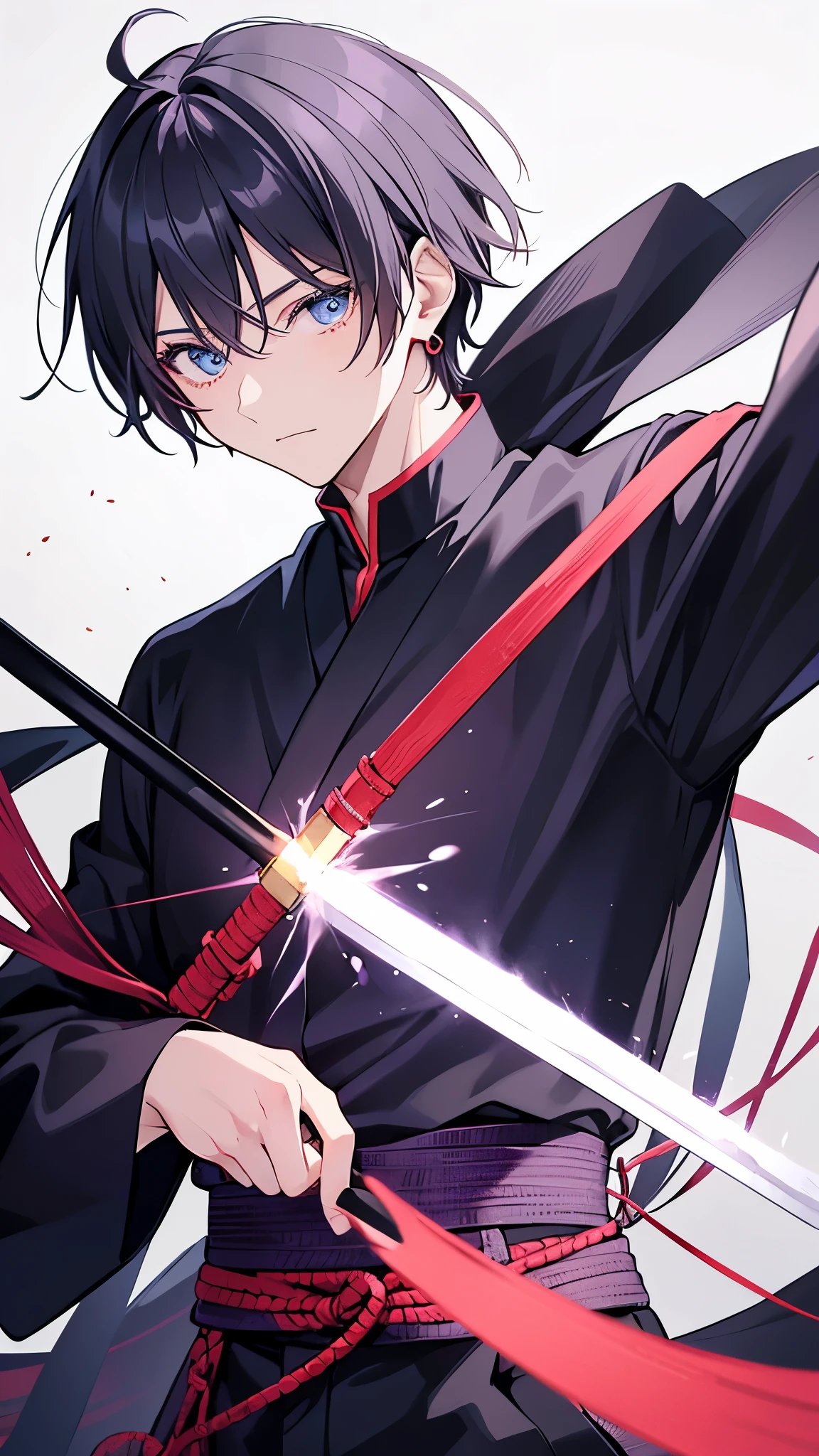 create a black Jujutsu no kaisen manga style image with a young male character extremely similar to Gaku from the Sakamoto Days manga, ele tem cabelo curto fe cor ciano claro e um capuz azul escuro quase preto, e olhos pretos, He wears red earrings and he is holding a heavy sword, he is extremely handsome and stylish, a imagem detalha bem ele, he is anime style.