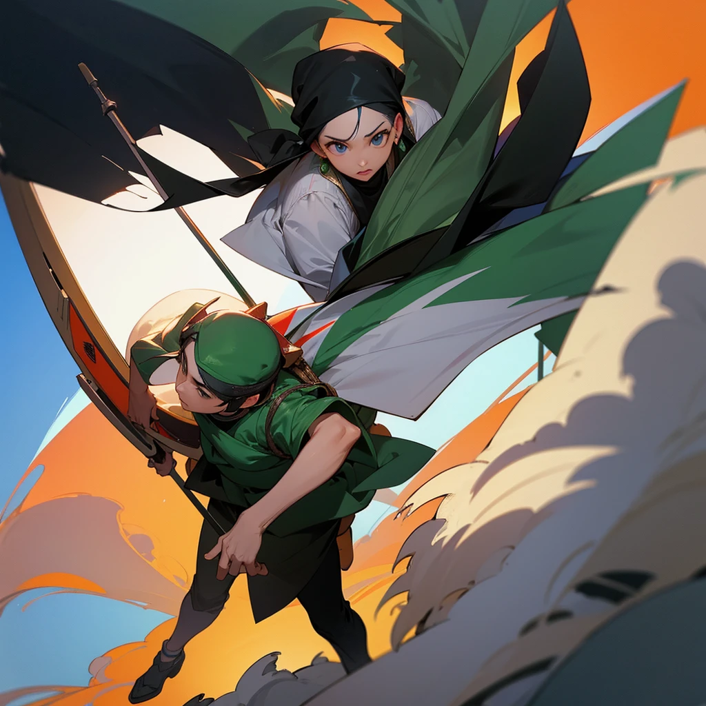 (obra-mestra), (Ultra resolution), (background com floresta tropical densa, castelo no fundo, um poste iluminando), (The sun is setting), (duas garotas sentadas, two girls looking at the sky, duas garotas com uniforme militar, uniforme militar estiloso e verde, Military uniform with toucan props), (expressions of happiness), (dynamic camera), (Cinematic colors), (distopia)