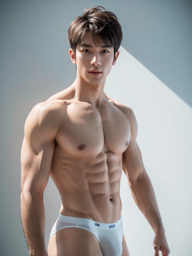 1boy, handsome muscular male, face, white background, amm mc outfit, acmm tp outfit, acmm cp outfit, no shirt,wearing bikini underwear, very attractive, blurry_background, (high detailed skin:0.8), 8k uhd, dslr, soft lighting, HDR, warm light, high quality, film grain, Fujifilm XT3,