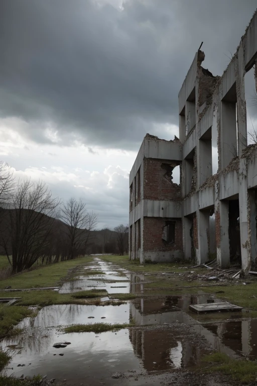 Post apocalypse scenario gray sky, abandoned place with ruins