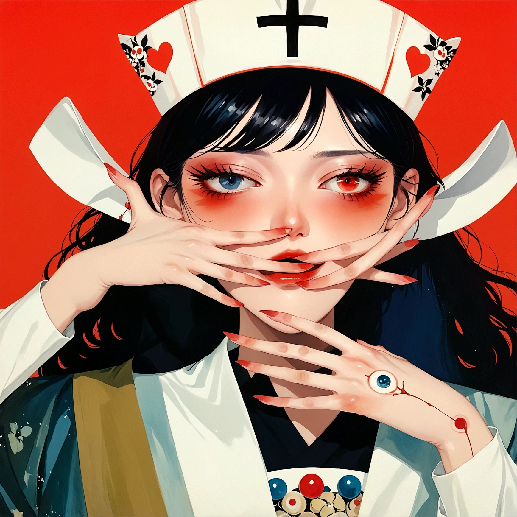 girl，Nurse hat，Eyes painted on hands，Japanese horror style Japanese pop surrealism, author：Yukika Kosaka, Nguyen Gia and Joao Nguyen, 
