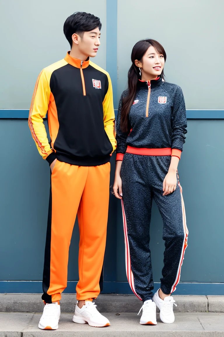 Chinese girl and man, Olympic wear set, smart orange and black Olympic wear , super cool designs  outfit , long pants 