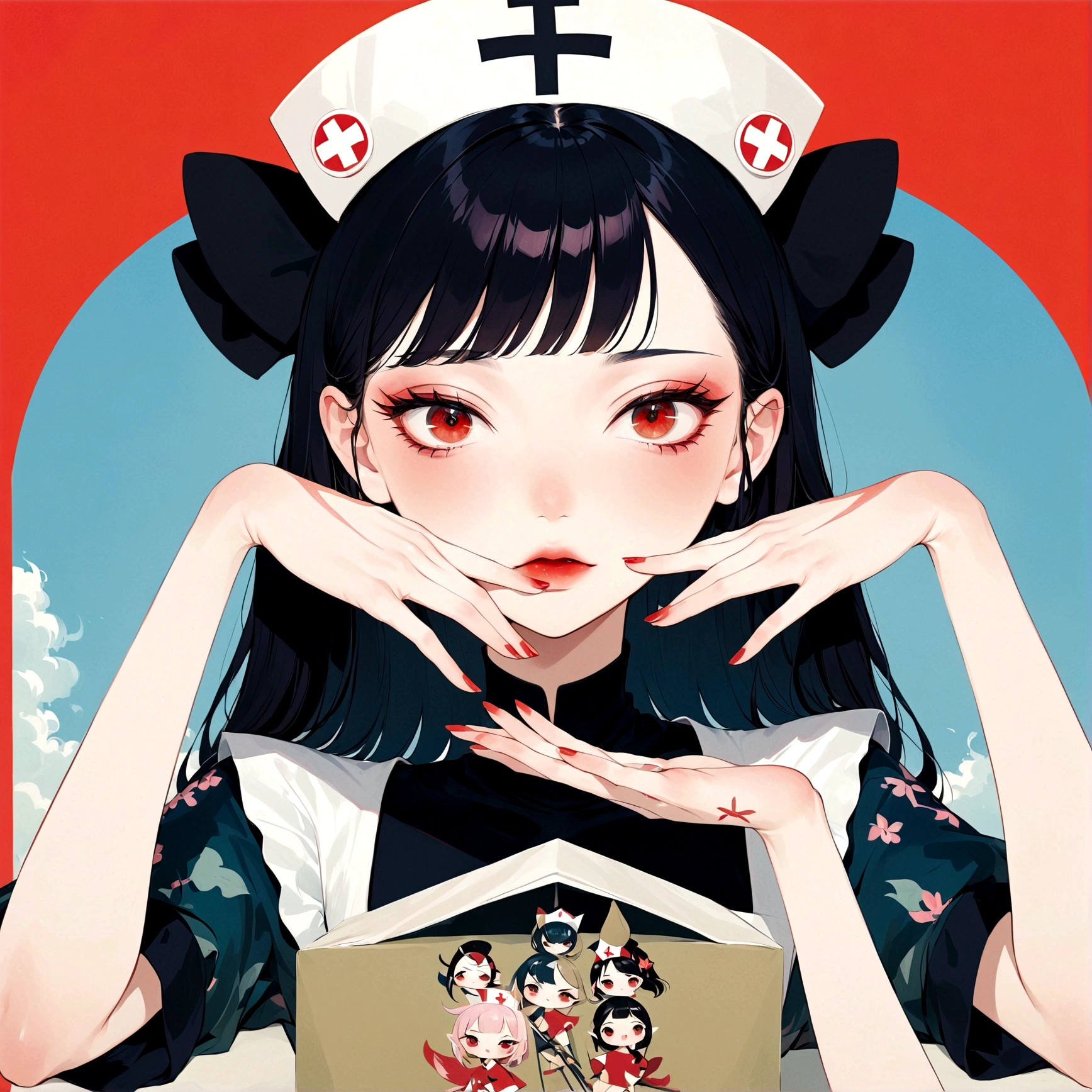 girl，Nurse hat，Eyes painted on hands，Japanese horror style Japanese pop surrealism, author：Yukika Kosaka, Nguyen Gia and Joao Nguyen, 
