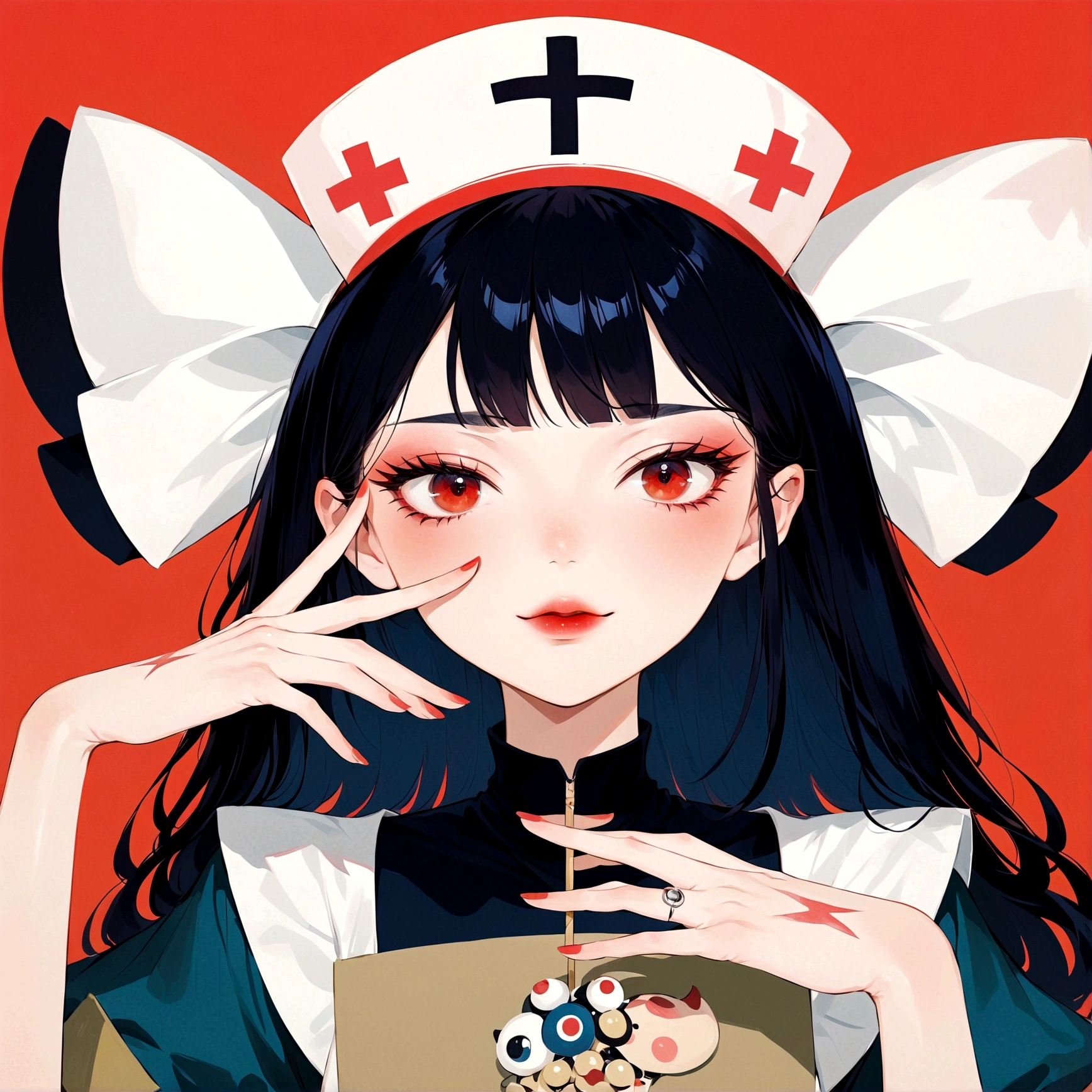 girl，Nurse hat，Eyes painted on hands，Japanese horror style Japanese pop surrealism, author：Yukika Kosaka, Nguyen Gia and Joao Nguyen, 
