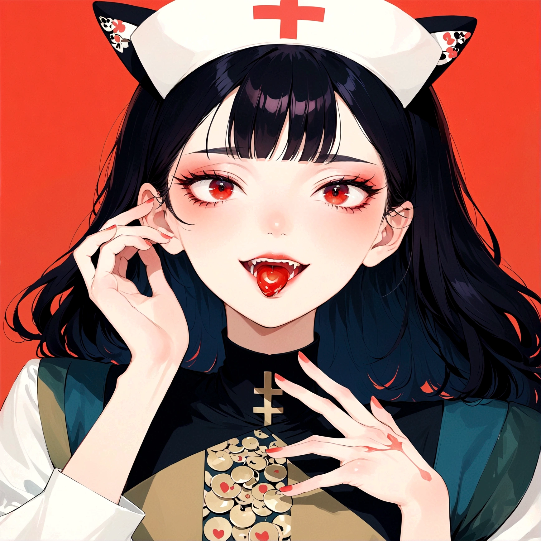 girl，Nurse hat，Eyes painted on hands，Japanese horror style Japanese pop surrealism, author：Yukika Kosaka, Nguyen Gia and Joao Nguyen, 
