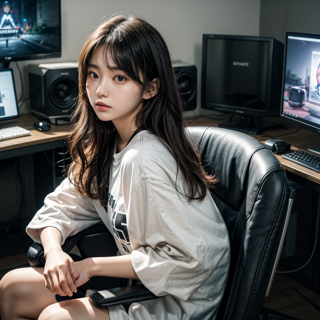 18 years old korean female（lifelike， high - resolution：1.3）， 1 girl with a perfect body, detailed eyes, Super fine face and eyes，hair wavy bob, only wearing oversize t-shirt, Sitting in a gaming chair while playing a game on the computer, background bedroom, detailed bedroom, just 1 32inch gaming monitor, side view, sharp focus, (lighting like a movie), Soft lighting, [:(Detailed face:1.2):0.2]