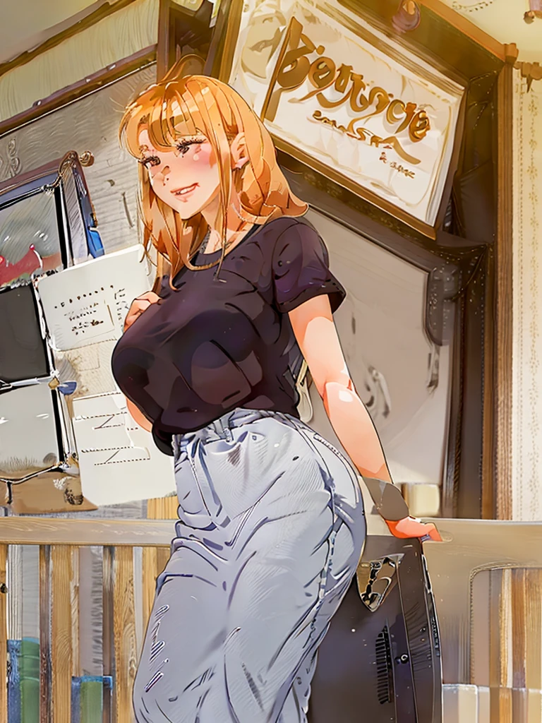 1lady standing, office worker outfit, (id card) lanyard, mature female, /(blonde hair/) bangs, light smile, (masterpiece best quality:1.2) delicate illustration ultra-detailed, large breasts BREAK /(modern office indoors/), window skyscraper