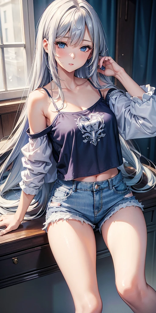  (masterpiece, Highest quality:1.2)、woman，Silver long hair，blue eyes，Sheer short camisole，Crop shirt，Off the shoulder，white，art， anime，Short denim skirt、Very good、Erect nippley whole body is wet、Shooting from below、Rear view photo、Exposing your buttocks、Panties are visible