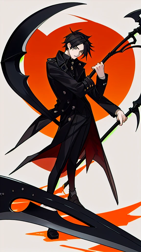A boy dynamic pose with a scythe, coat outfit,